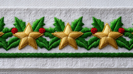 Golden star embroidery with green leaves and red berries on white fabric creates festive Christmas props decoration for holiday crafts