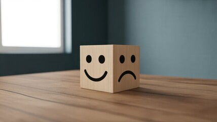 Wooden cube displays contrasting happy and sad facial expressions on a table surface