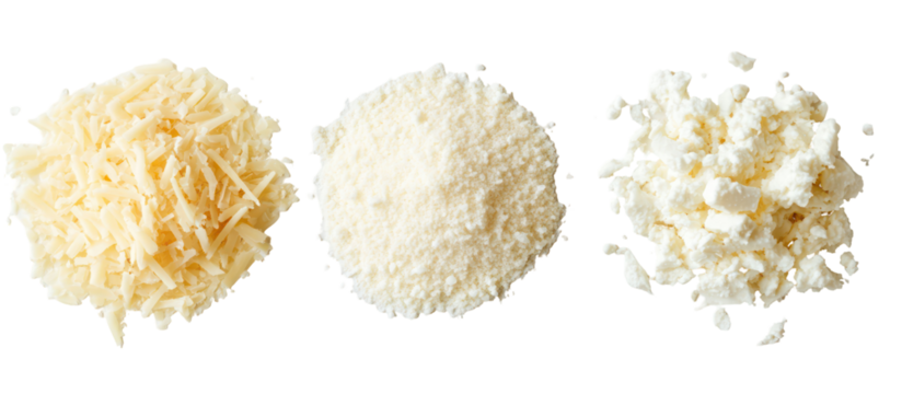 Three piles of parmesan feta cheddar side by side overhead on transparent background
