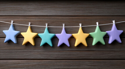 Colorful star shaped Christmas props hanging on string create festive and cheerful decoration against wooden background