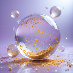 Transparent glass spheres containing floating golden dust.