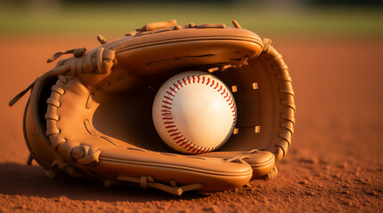 Classic baseball glove holding a pristine baseball on the field ready for action, symbolizing teamwork, determination, and the spirit of the game