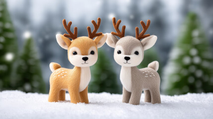 Cute reindeer plush toys standing on snow with blurred pine tree background creating warm Christmas props scene full of joy and holiday spirit