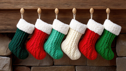 Christmas stocking props hanging on wooden hooks above stone fireplace creating festive holiday decoration