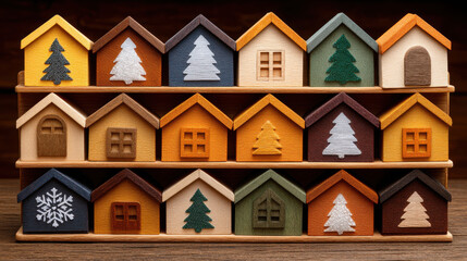 Wooden Christmas props in colorful small house shapes with tree and snowflake decorations arranged on shelves for festive decor