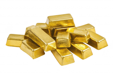 A close-up view of a pile of gleaming gold bars stacked haphazardly. their shiny surfaces and distinct rectangular shapes. set against a neutral background. ideal for financial and investment themes