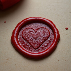 Red wax seal stamp with embossed heart, elegant Valentines detail.