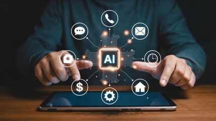 Person interacts with holographic artificial intelligence interface radiating from a digital tablet screen