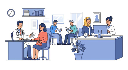 Healthcare professionals and diverse patients engaged in consultations and administrative tasks within a busy modern medical clinic setting