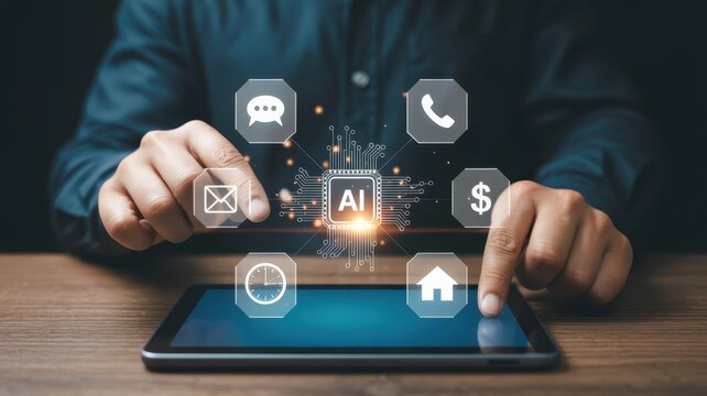 Business professional interacts with holographic artificial intelligence interface projected above a digital tablet device - Powered by Adobe