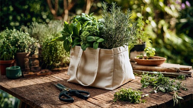 A canvas bag filled with fresh herbs sits on a rustic wooden table surrounded by more greenery and gardening tools in a sunlit garden. - Powered by Adobe