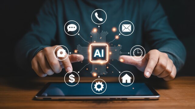 Person interacts with holographic artificial intelligence interface radiating from a digital tablet screen - Powered by Adobe