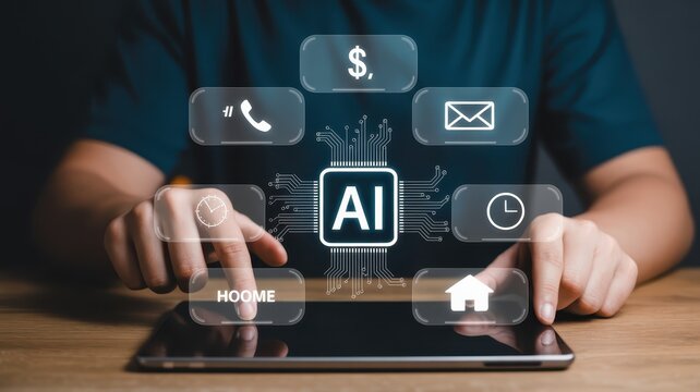 Human interacting with artificial intelligence interface displaying various smart technology functions - Powered by Adobe