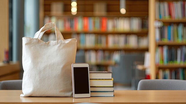 A cozy study scene featuring a tote bag, smartphone, and stacked books, set against a backdrop of a library filled with colorful books. - Powered by Adobe
