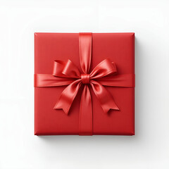 Red gift box tied with smooth silk ribbon bow, crisp edges.
