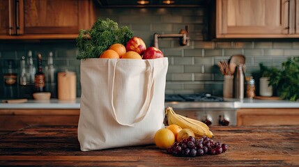 A canvas bag filled with fresh fruits and vegetables sits on a wooden kitchen table, showcasing a healthy lifestyle and vibrant colors.