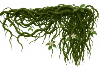 Green jungle vines with white flowers hanging, tropical rainforest liana roots, plant decoration border with transparent background