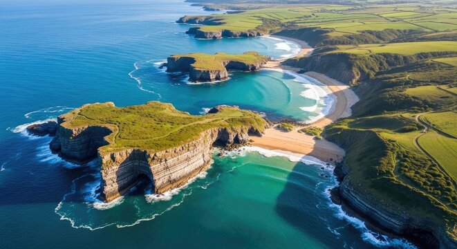 Aerial view of cliffs beaches and turquoise sea on a sunny day coast