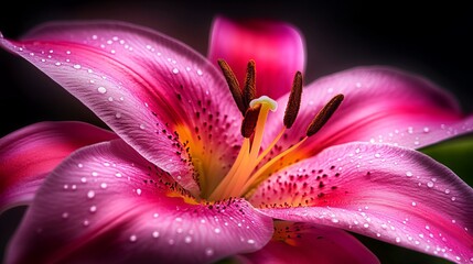Pink lily flower exhibits delicate water droplets across its petals with dark, contrasting background enhancing its vibrant colors.