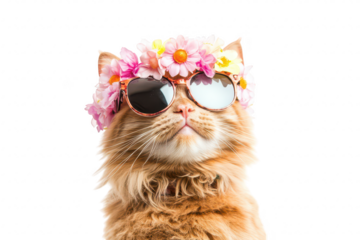 A stylish cat adorned with a floral crown and sunglasses. posing confidently against a white background. exuding a playful and trendy vibe. perfect for pet fashion or lifestyle content