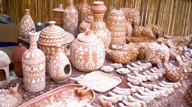  Slow-motion shot of Pakistani artist working on mud pots