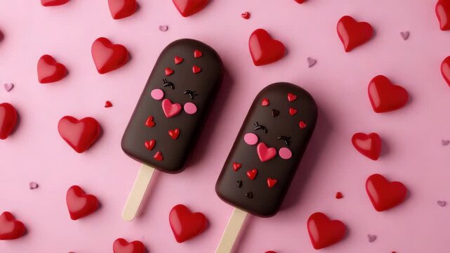Two chocolate popsicles with pink hearts and faces lie on a pink surface scattered with small and large red heart shapes