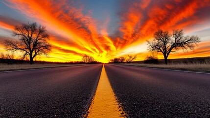Road stretches into the distance beneath a vibrant sunset with trees silhouetted on either side, creating a scenic vista.
