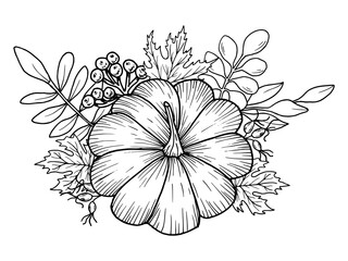 Pumpkin with maple leaves, rowan berries and rose hips. Hand-drawn botanical vector illustration. Black line art. Autumn garden composition for seasonal holidays, festivals and Thanksgiving