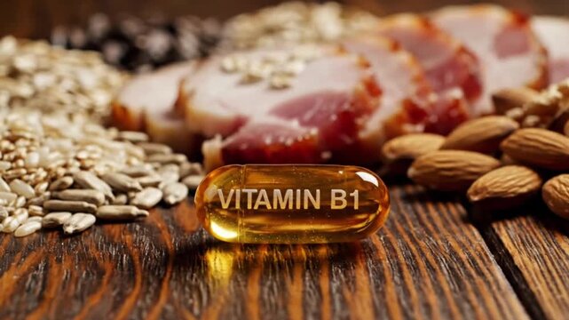 Vitamin B1 Softgel on Wood with Meat, Seeds, and Almonds