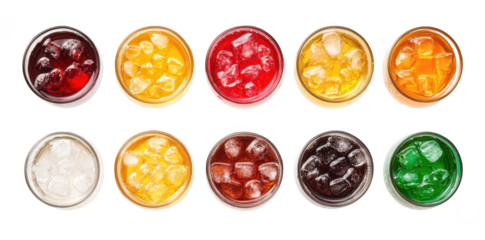 A array of ten colorful beverages in glass jars filled with ice. a variety of flavors. set against a clean white background. perfect for refreshing drink promotions or summer events