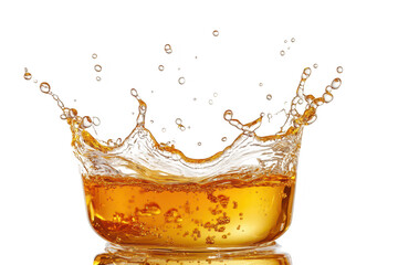 A close-up shot of a splash of amber liquid in a clear glass bowl. capturing the dynamic motion of droplets and bubbles against a pristine white background. ideal for beverage promotions