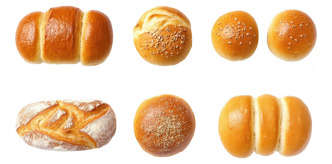 A variety of freshly baked bread rolls arranged neatly on a white background. different shapes and textures. ideal for culinary presentations or bakery promotions