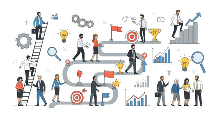 A comprehensive vector illustration of a business roadmap showing career progression, teamwork, and the steps to achieving corporate success