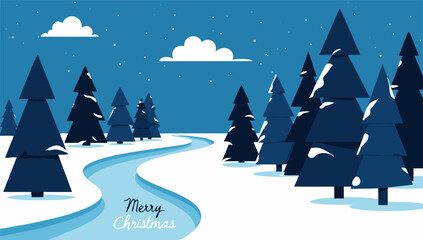 Winter landscape with pine trees and snowy river merry christmas greeting card design