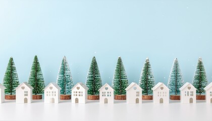 Festive winter scene with miniature white houses and pine trees holiday decoration display studio setting bright and cheerful atmosphere seasonal concept for christmas cheer