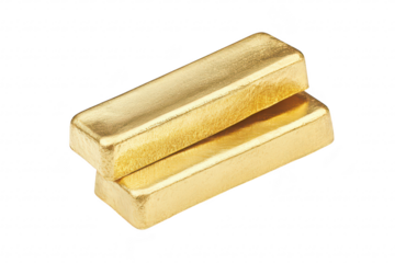 Two gleaming gold bars stacked on top of each other. their shiny surfaces and reflections. set against a clean white background. ideal for financial or luxury-themed imagery