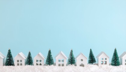Charming winter holiday scene with miniature houses and christmas trees studio setting decorative display festive atmosphere aerial view seasonal inspiration
