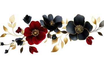 A stunning arrangement of black and red flowers with golden leaves set against a white background. perfect for use in invitations. greeting cards. or digital designs