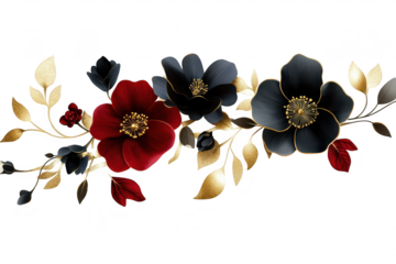 A stunning arrangement of black and red flowers with golden leaves set against a white background. perfect for use in invitations. greeting cards. or digital designs
