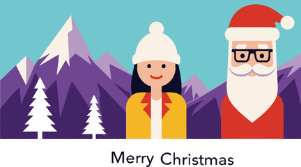A cheerful winter landscape with santa claus and a smiling woman enjoying the snowy mountains outdoors during christmas time