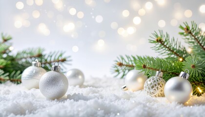 Festive holiday decoration scene with silver ornaments and green pine branches in a snowy background captured indoors with soft lighting for a magical christmas atmosphere
