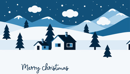 Winter landscape with cozy houses and falling snow for festive season greetings