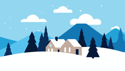 Charming winter landscape with cozy house and snow covered mountains in flat design style