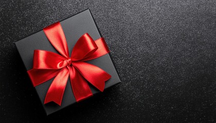 Surprise gift box with red ribbon elegant dark background high-quality image festive atmosphere close-up view celebration concept for special occasions and events