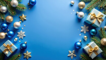 Festive holiday decorations cozy home photo composition blue background overhead view christmas cheer and celebration