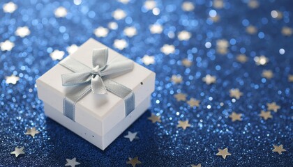 Festive gift presentation holiday celebration photography sparkling blue background close-up view joy and anticipation in every detail