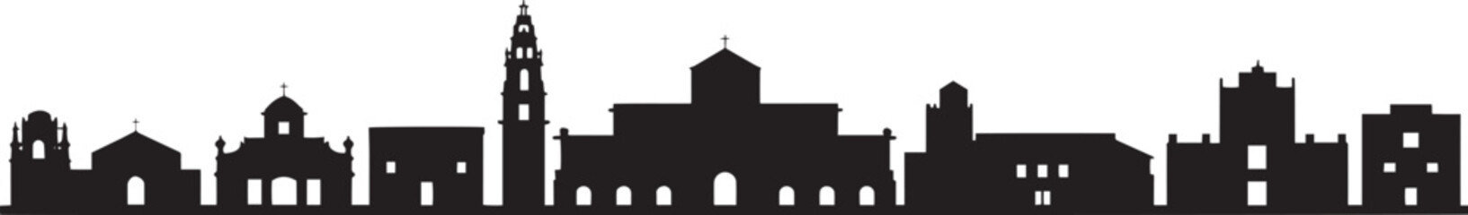 Historical european or spanish american cityscape vector silhouette featuring prominent cathedral church religious buildings and bell towers panorama