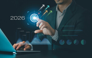 Business growth analysis target concept. futuristic data visualization chart for 2026, strategic planning, financial forecasting, long-term success insights, modern business performance trends