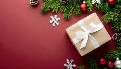 Festive holiday gift presentation cozy indoor setting beautifully wrapped package winter decor top down view celebratory spirit