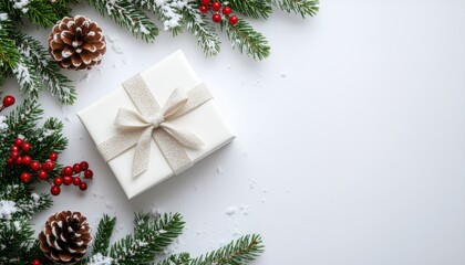 Festive gift presentation with holiday decor winter wonderland still life arrangement cozy atmosphere overhead view celebratory spirit